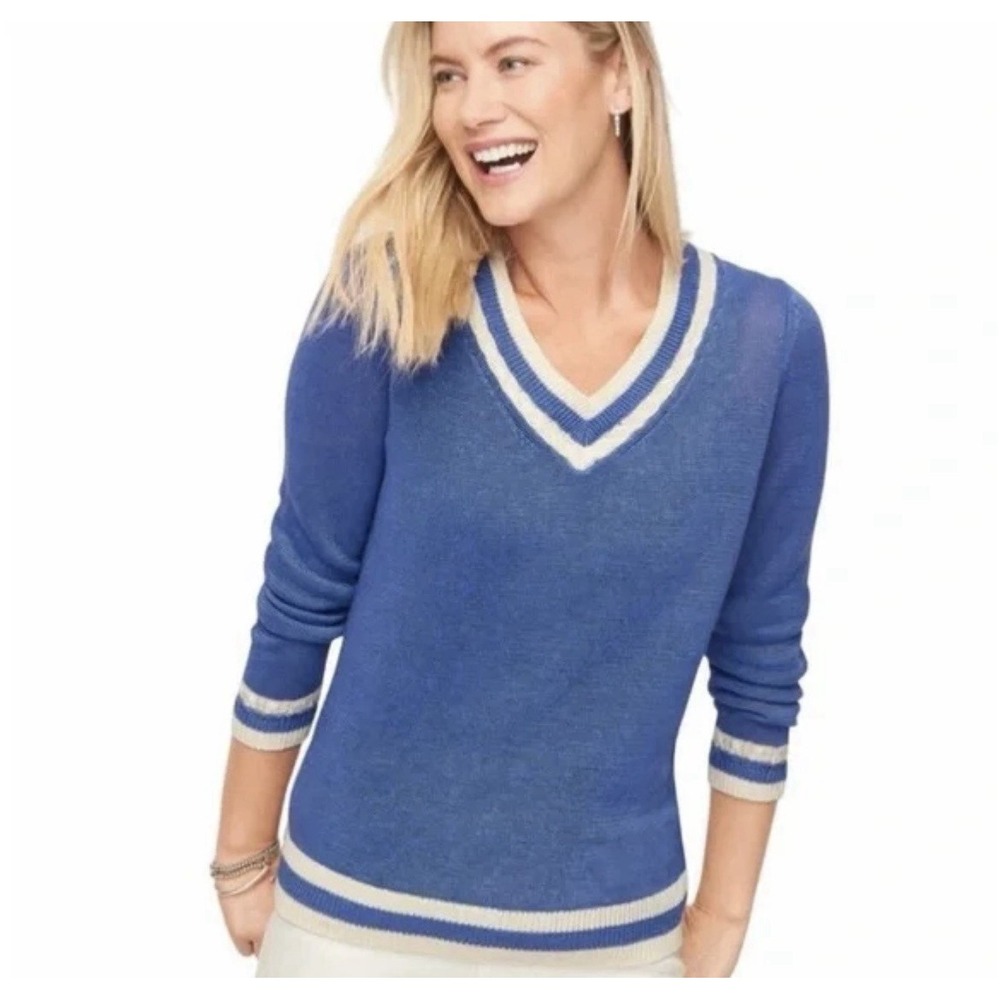 Talbots Linen V Neck Tennis Sweater Medium Old Money Preppy Academia Blue White